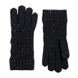 Women's lace knit gloves with marl yarn in black, side by side. 