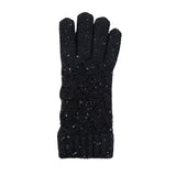 Women's lace knit gloves with marl yarn in black, right hand.