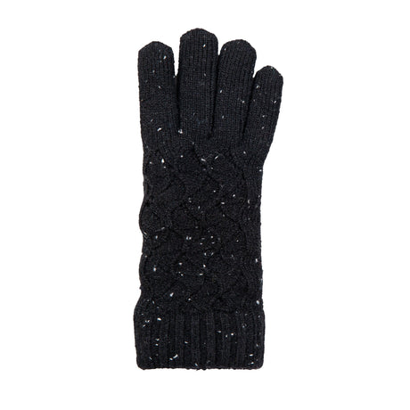 Women's lace knit gloves with marl yarn in black, right hand.