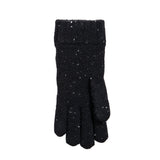 Women's lace knit gloves with marl yarn in black, left hand.