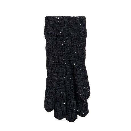 Women's lace knit gloves with marl yarn in black, left hand.