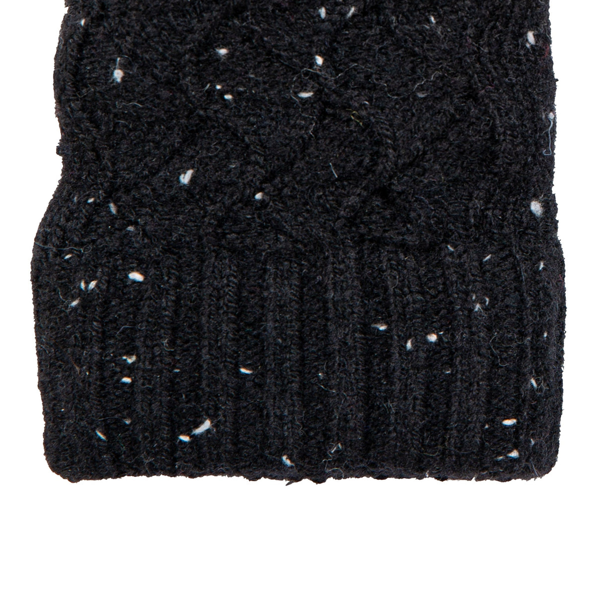 Women's lace knit gloves with marl yarn in black, right hand close up. 