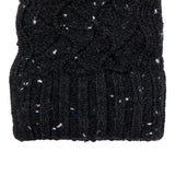 Women's lace knit gloves with marl yarn in black, right hand close up. 