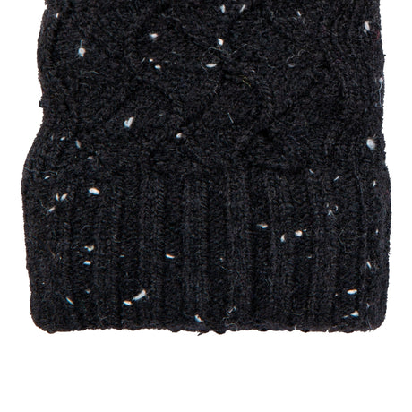Women's lace knit gloves with marl yarn in black, right hand close up. 