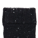 Women's lace knit gloves with marl yarn in black, left hand close up. 