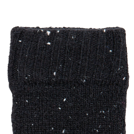 Women's lace knit gloves with marl yarn in black, left hand close up. 