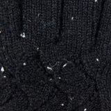 Women's lace knit gloves with marl yarn in black, fingers close up.