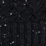 Women's lace knit gloves with marl yarn in black, fabric close up. 