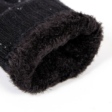 Women's lace knit gloves with marl yarn in black, cuff.