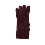 Women's lace knit gloves with marl yarn in burgundy, right hand.