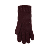 Women's lace knit gloves with marl yarn in burgundy, left hand.