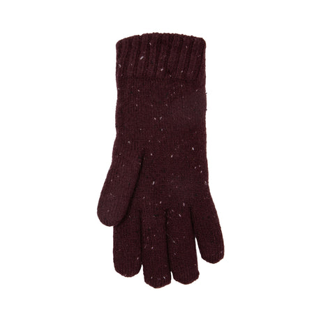 Women's lace knit gloves with marl yarn in burgundy, left hand.