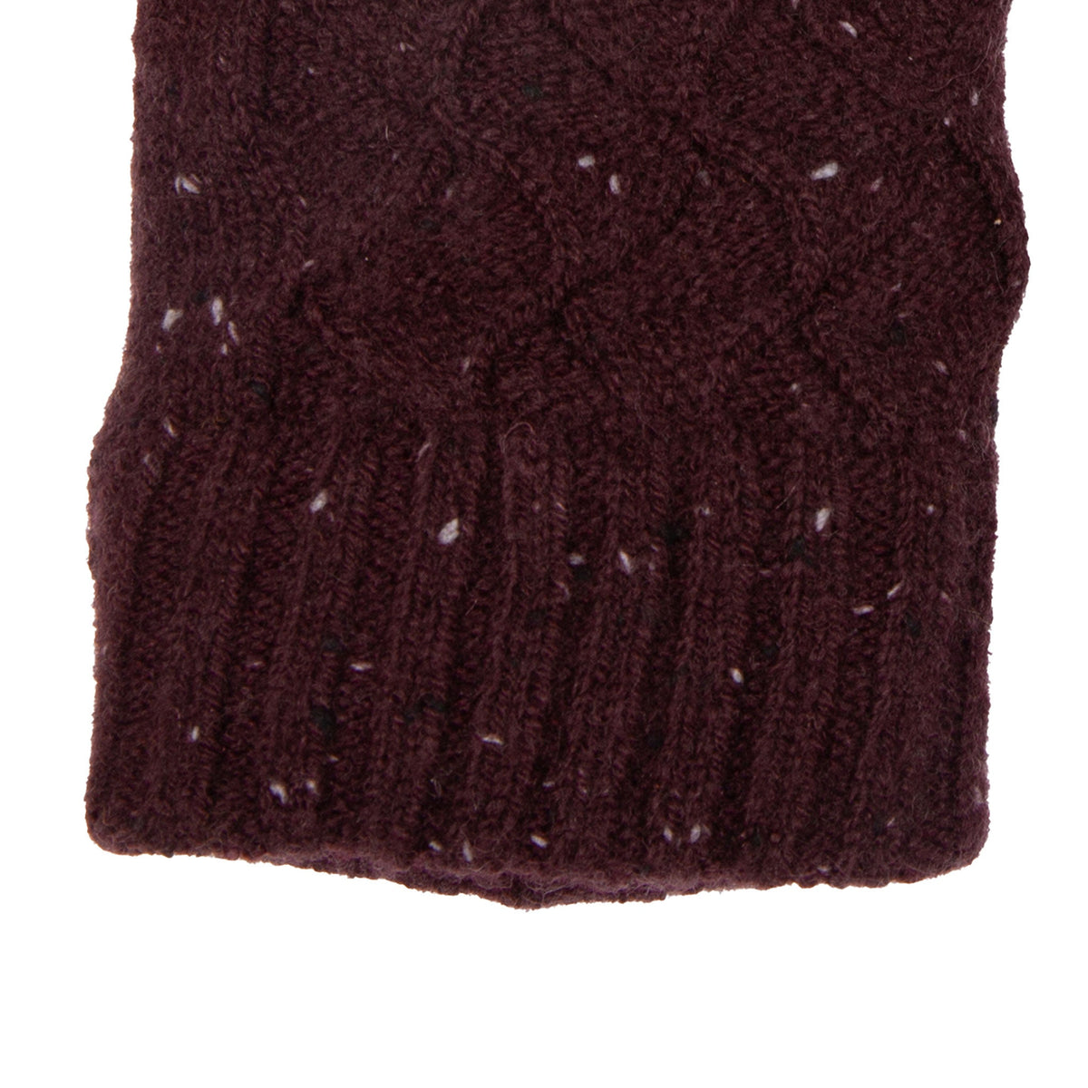 Women's lace knit gloves with marl yarn in burgundy, right hand close up.