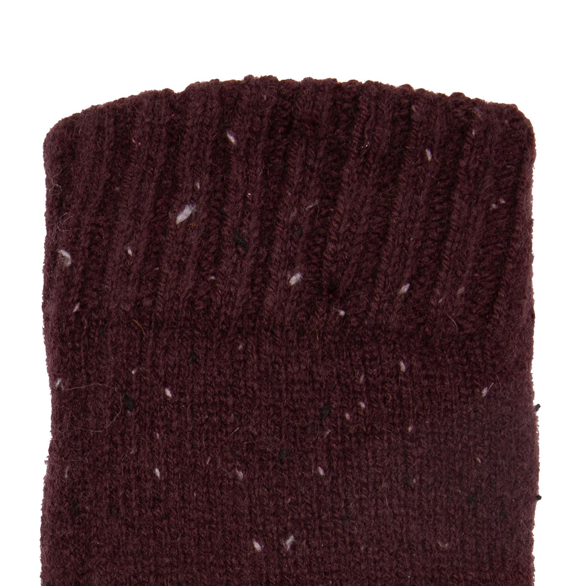 Women's lace knit gloves with marl yarn in burgundy, left hand close up.