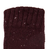 Women's lace knit gloves with marl yarn in burgundy, left hand close up.