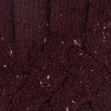 Women's lace knit gloves with marl yarn in burgundy, fingers close up.