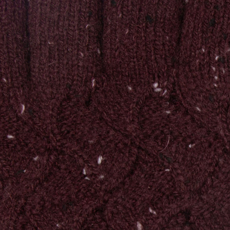 Women's lace knit gloves with marl yarn in burgundy, fingers close up.