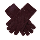 Women's lace knit gloves with marl yarn in burgundy, crossed position. 