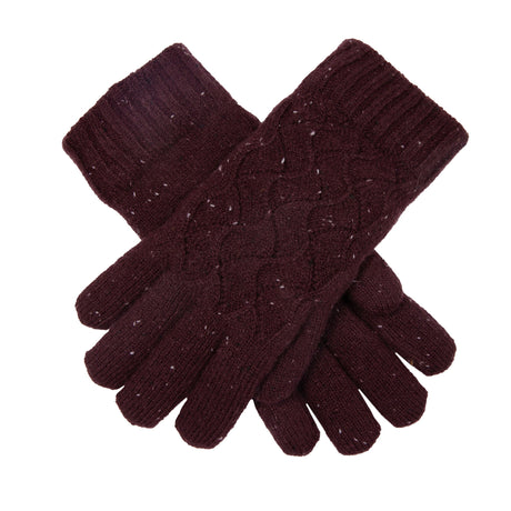 Women's lace knit gloves with marl yarn in burgundy, crossed position. 