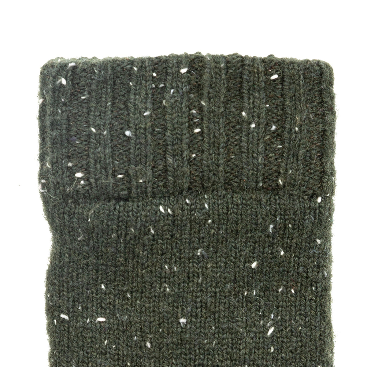Women's lace knit gloves with marl yarn in green, left hand close up. 