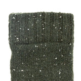 Women's lace knit gloves with marl yarn in green, left hand close up. 
