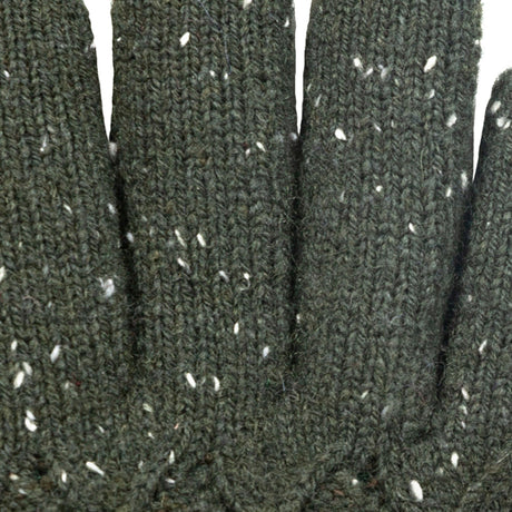 Women's lace knit gloves with marl yarn in green, fingers close up. 