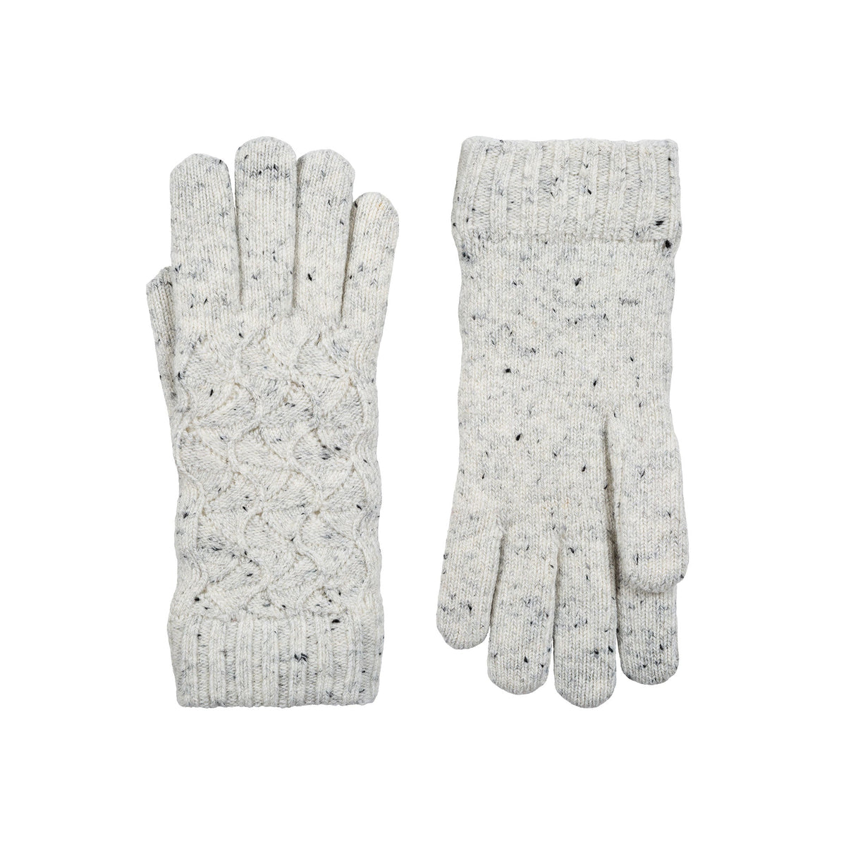 Women's lace knit gloves with marl yarn in white, side by side. 