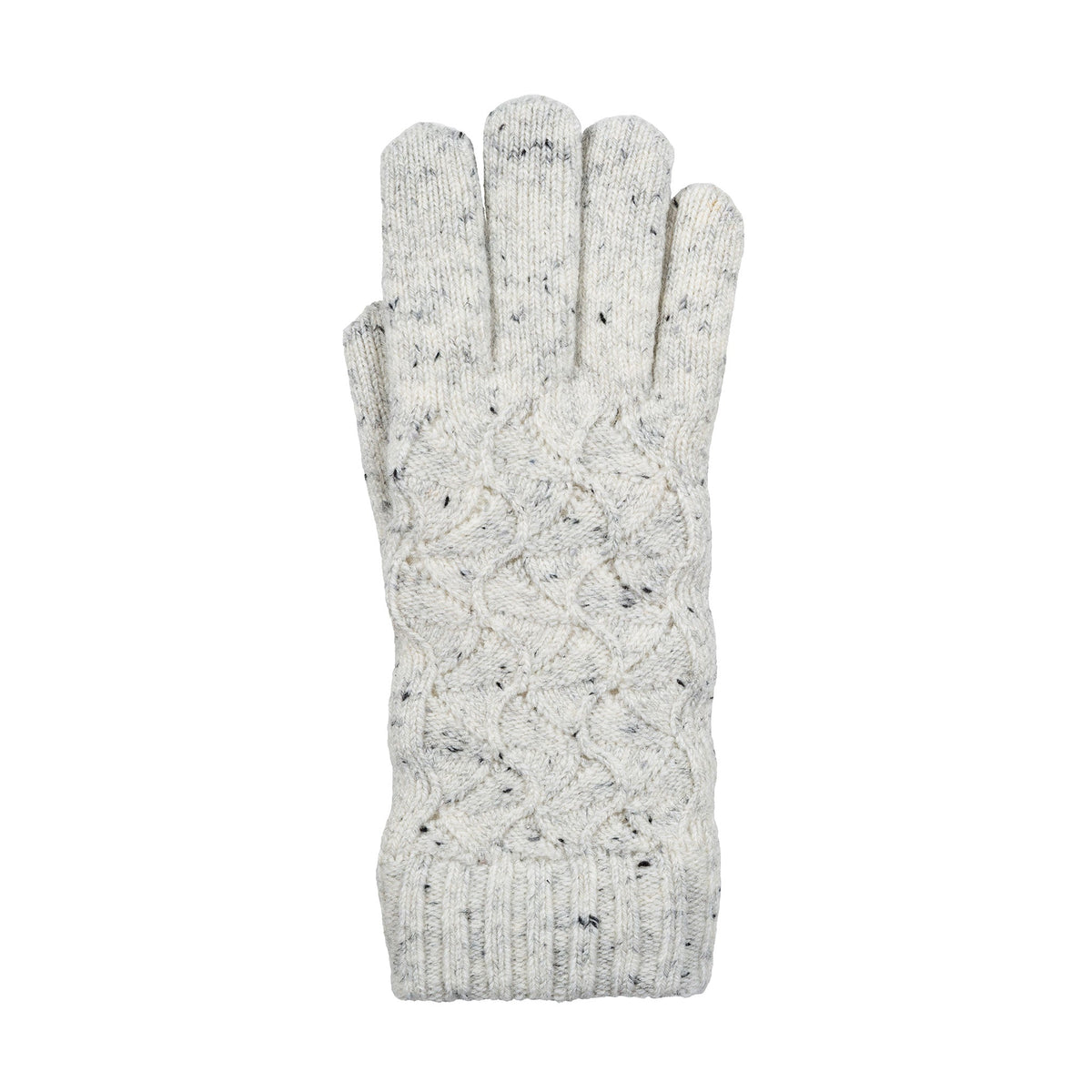 Women's lace knit gloves with marl yarn in white, right hand.