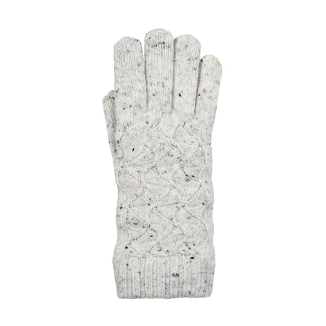 Women's lace knit gloves with marl yarn in white, right hand.