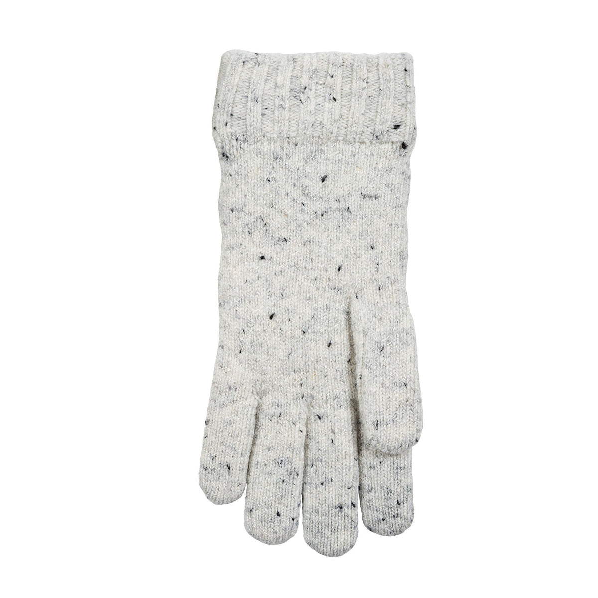 Women's lace knit gloves with marl yarn in white, left hand. 