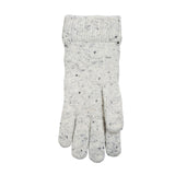 Women's lace knit gloves with marl yarn in white, left hand. 