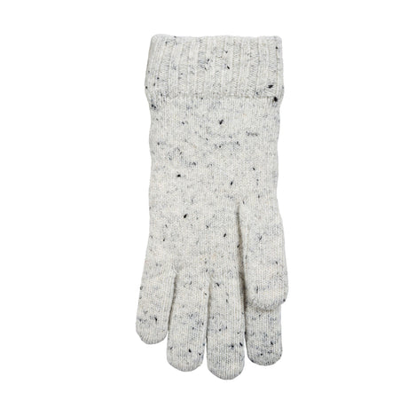 Women's lace knit gloves with marl yarn in white, left hand. 