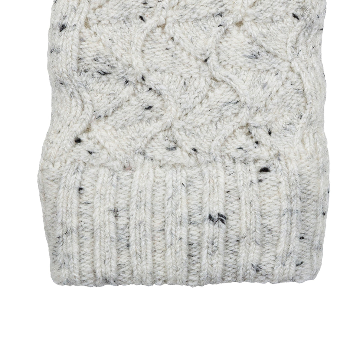 Women's lace knit gloves with marl yarn in white, right hand close up .