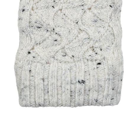 Women's lace knit gloves with marl yarn in white, right hand close up .