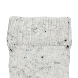 Women's lace knit gloves with marl yarn in white, left hand close up.