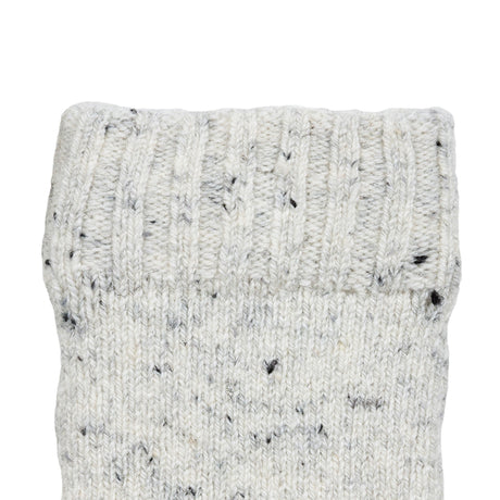 Women's lace knit gloves with marl yarn in white, left hand close up.
