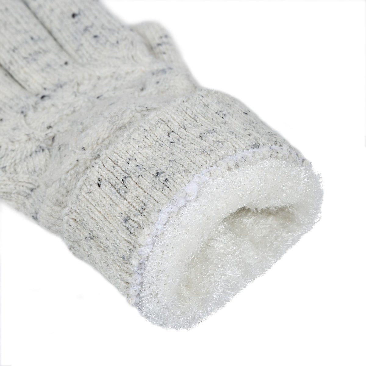 Women's lace knit gloves with marl yarn in white, cuff.