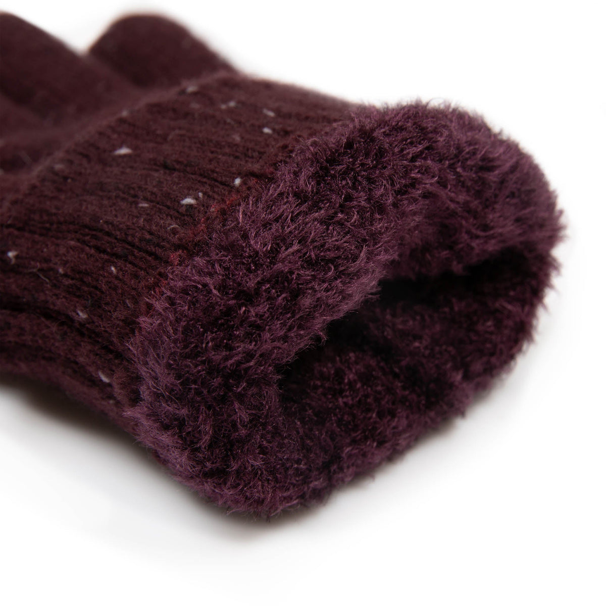 Women's lace knit gloves with marl yarn in burgundy, cuff.
