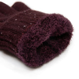 Women's lace knit gloves with marl yarn in burgundy, cuff.