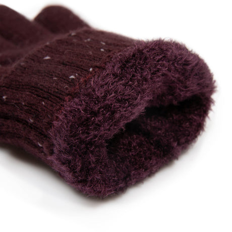 Women's lace knit gloves with marl yarn in burgundy, cuff.