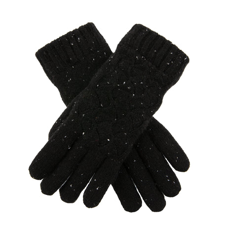 Women's lace knit gloves with marl yarn in black, crossed position