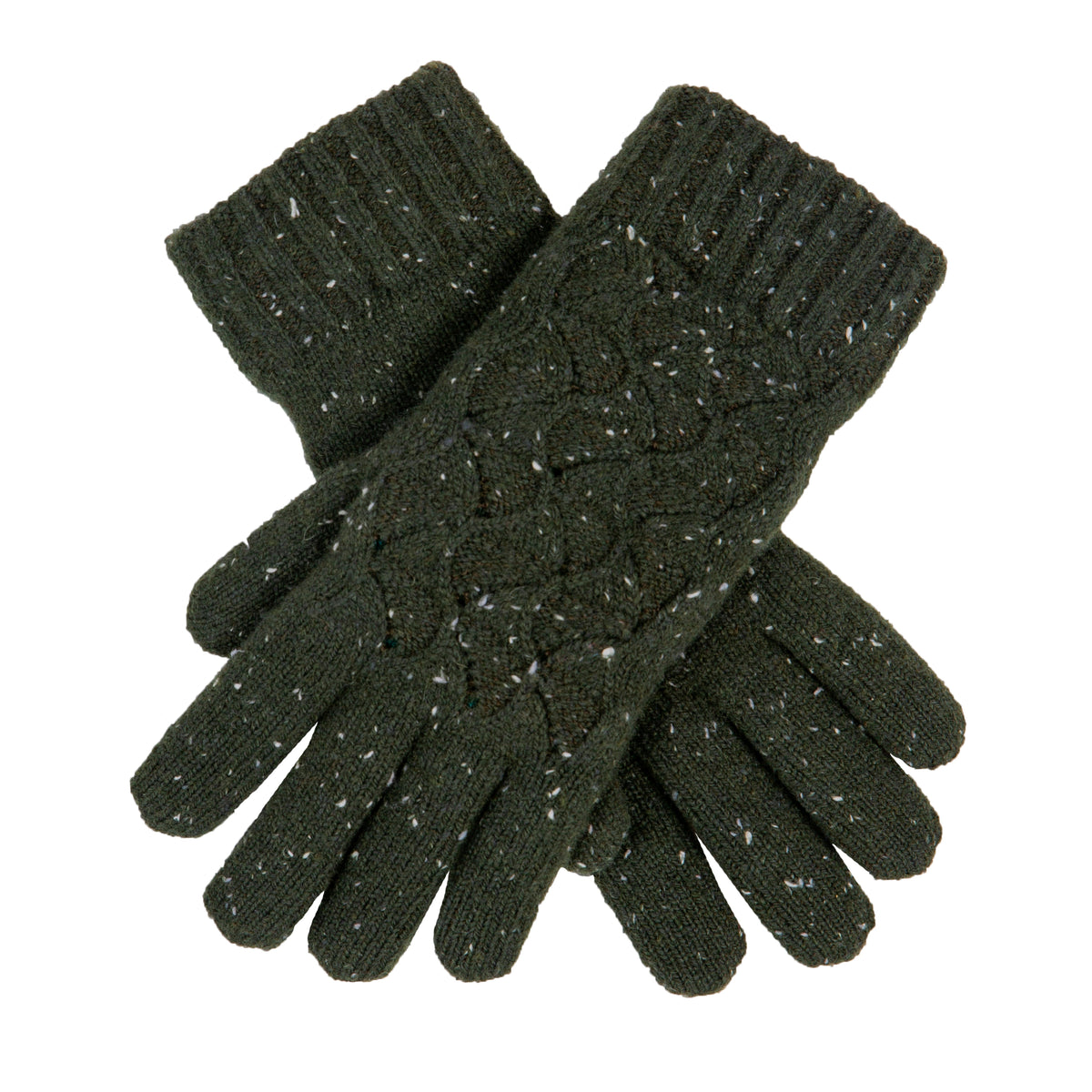 Women's lace knit gloves with marl yarn in green, crossed position. 