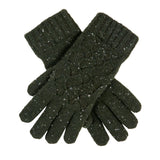 Women's lace knit gloves with marl yarn in green, crossed position. 