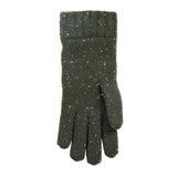 Women's lace knit gloves with marl yarn in green, left hand.