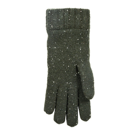 Women's lace knit gloves with marl yarn in green, left hand.