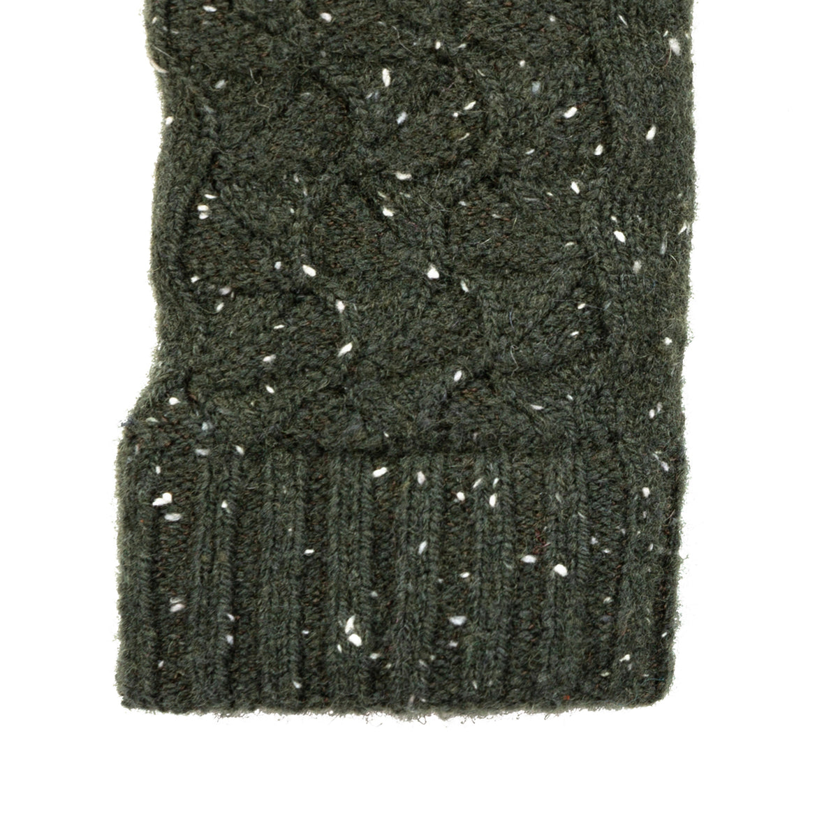 Women's lace knit gloves with marl yarn in green, right hand close up.
