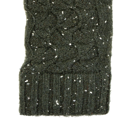 Women's lace knit gloves with marl yarn in green, right hand close up.