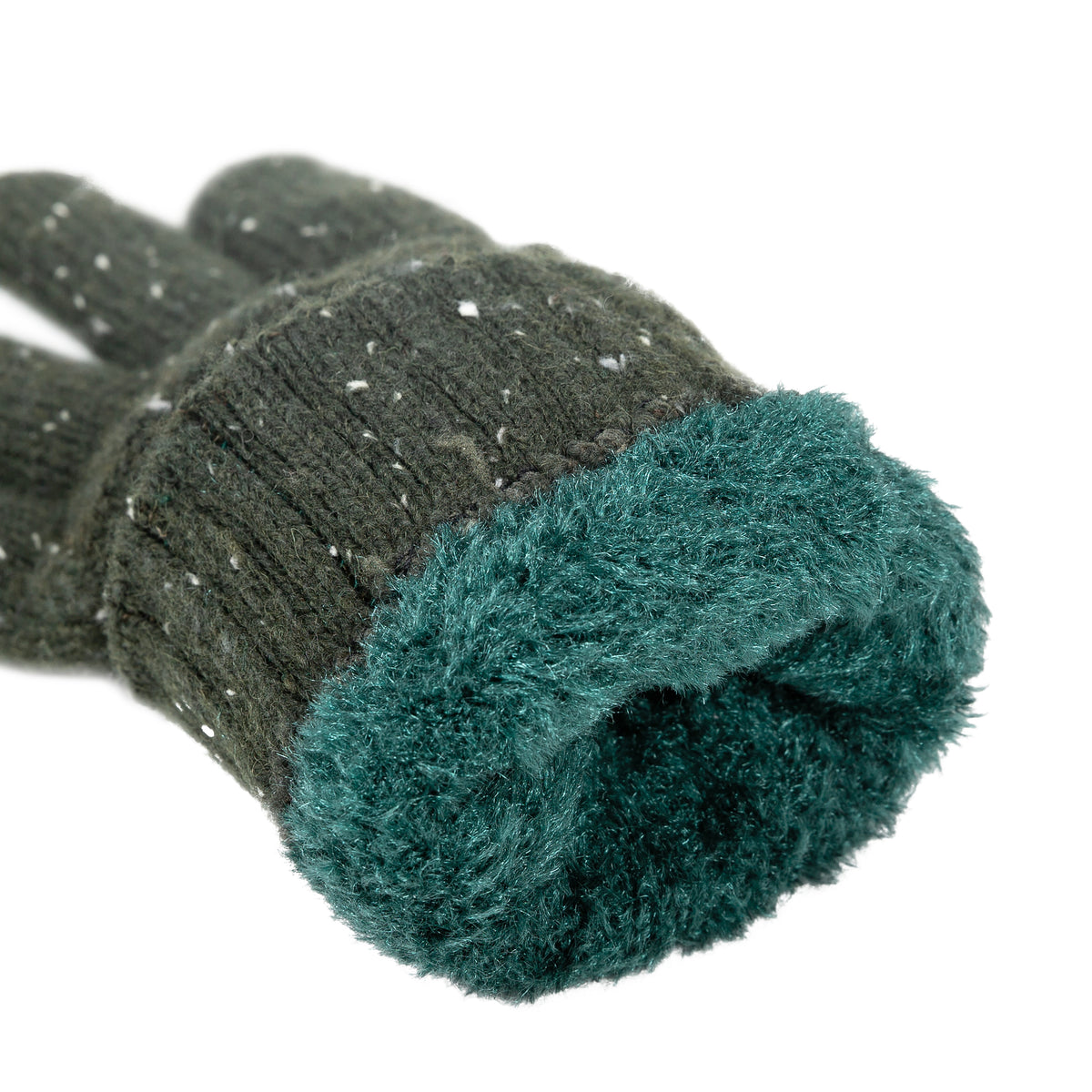 Women's lace knit gloves with marl yarn in green, cuff.