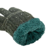 Women's lace knit gloves with marl yarn in green, cuff.