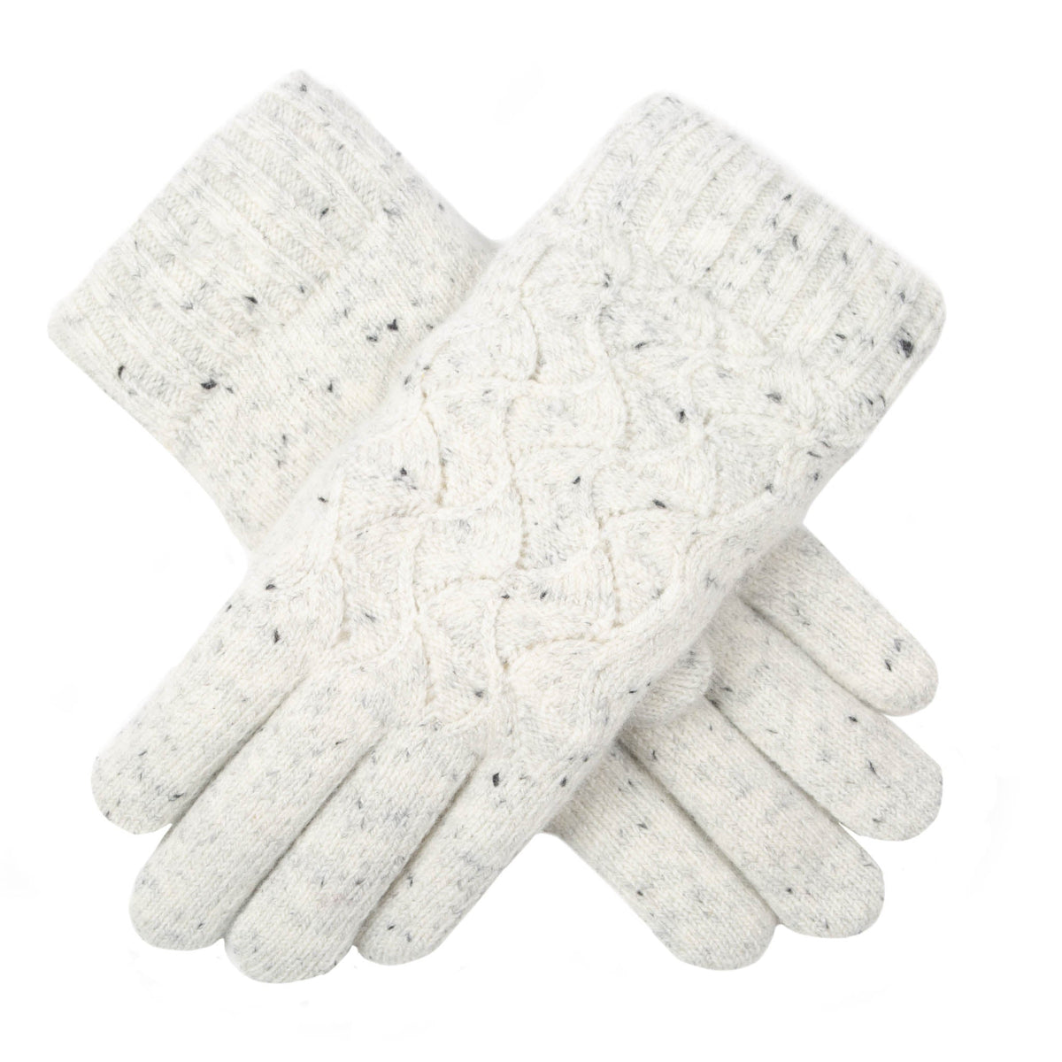Women's lace knit gloves with marl yarn in white, crossed position.